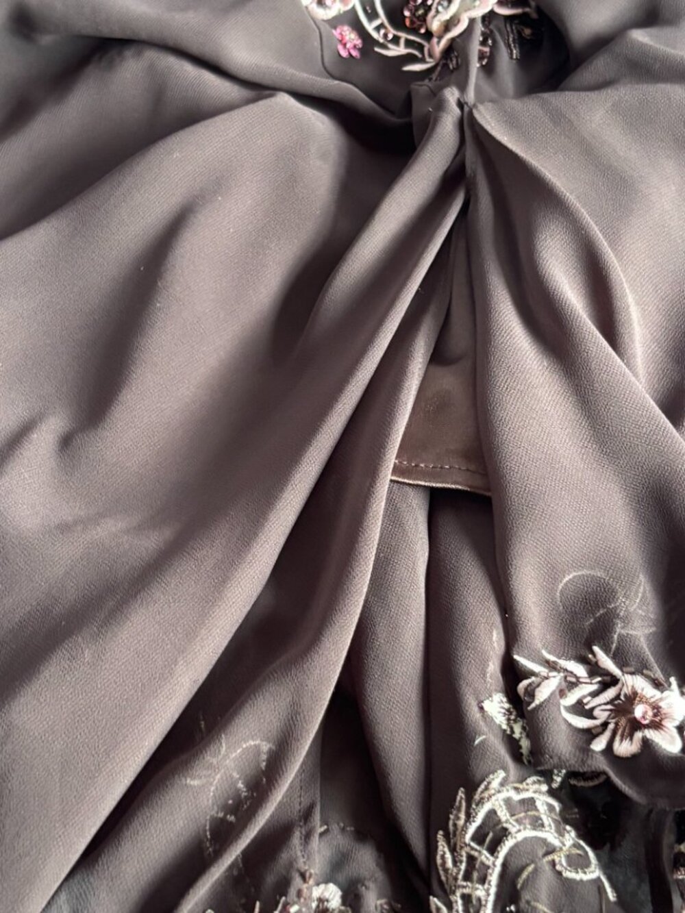 Brown Floral Embroidered 1920s-Inspired Handkerchief Hem Dress - Picture 15 of 16